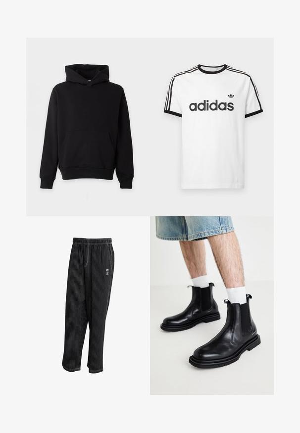 Schwarzes Kapuzen-Sweatshirt mit Kängurutasche, langen Ärmeln und gerippten Bündchen sowie Saum, vor hellem Hintergrund präsentiert.; Weißes Baumwoll-T-Shirt mit schwarzem Rundhalsausschnitt und Ärmeln. Verfügt über ein schwarzes Dreistreifen-Design auf den Schultern und ein großes schwarzes "adidas"-Logo auf der Vorderseite.; Schwarze Streifenhose mit einem elastischen Bund, seitlichen Taschen und einem kleinen Logoetikett auf der Vorderseite. Leichter Stoff mit einer glatten Textur.; Steve Madden HENRIES - Stiefelette - black