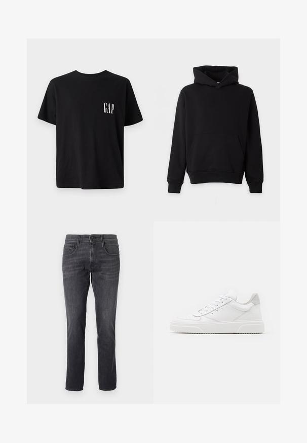Enkel sort hættetrøje med forlomme, lange ærmer og ribkanter ved ærmer og nederste kant, præsenteret mod en lys baggrund.; Sort bomulds t-shirt med rund hals, korte ærmer og et lille hvidt "GAP" logo på venstre brystområde. Casual pasform med en glat tekstur.; Mørkegrå jeans lavet af denim, med et klassisk fem-lomme design, lige pasform og metalknaplukning i taljen.; Hvide lædersneakers med en glat finish, rund tå, flade snørebånd og en struktureret sål. Grå ruskindsdetalje ved hælen.