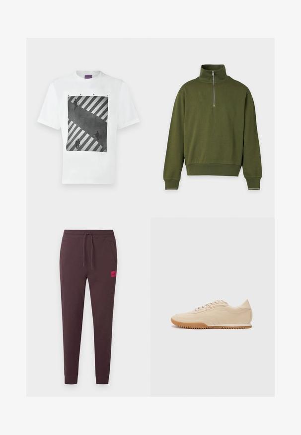 Pull à manches longues vert olive avec col montant et fermeture demi-fermeture éclair centrée sur fond uni.; T-shirt blanc avec une photo noir et blanc imprimée représentant trois personnes traversant un passage piéton rayé, avec le texte « HUGO » au-dessus de l'image.; Pantalon de survêtement marron foncé avec taille à cordon, jambes fuselées, poches latérales, et un petit écusson rouge avec logo à l'avant. Tissu doux et lisse.; Baskets en daim beige au design épuré, présentant une tige texturée, un bout rond et une semelle en caoutchouc avec un motif en zigzag.
