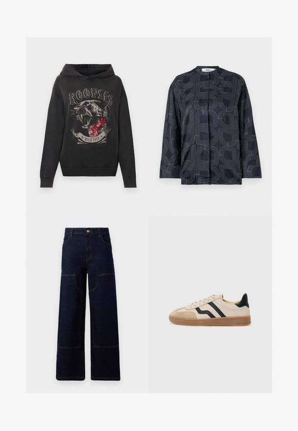 Sort hættetrøje med grafisk motiv af en brølende panter, røde roser og teksten "KOOPLES WILD TOUR" på forsiden.; Marinebluse med et geometrisk hvidt mønster, med en mandarin-krave og lange ærmer, lavet af et glat, blankt stof.; Mørkeblå bredbenede denimbukser med frontlommer og kontrastfarvet orange syninger, knaplukning ved taljen.; Beige sneaker med sorte striber, ruskindspidser og hæle, struktureret gummisål og flade snørebånd. Minimalistisk design og neutrale farver.