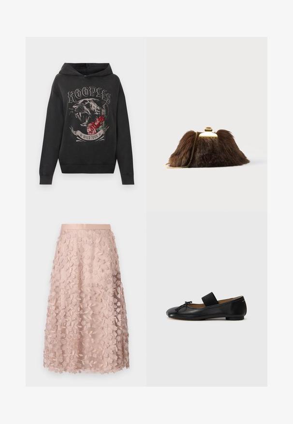 Zwarte hooded sweatshirt met grafiek van een brullende panter, rode rozen en de tekst "KOOPLES WILD TOUR" op de voorkant.; Lace midi-rok in zacht roze met bloemborduursels, voorzien van een aansluitende tailleband en gelaagd ontwerp, wat een delicate textuur benadrukt.; Zwarte leren balletschoenen met een ronde neus, een klein knoopdetail en een elastische band over de wreef voor een stevige pasvorm. Platte zool.; Bruine clutch van imitatiebont met een goudkleurige sluiting en kettingriem. Zachte textuur, driehoekige vorm en licht pluizig uiterlijk.
