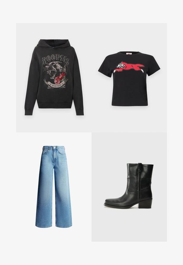 Zwarte hooded sweatshirt met grafiek van een brullende panter, rode rozen en de tekst "KOOPLES WILD TOUR" op de voorkant.; Zwart korte mouw crop top met een afbeelding van een gestileerde rode springende vos met witte tanden en poten over de borst.; Lichtblauwe denim jeans met wijde pijpen, een hoge taille, voorzakken, lussen voor een riem, knoopsluiting en een ritssluiting.; Zwarte leren enkellaars met een ronde neus, blokhak, zijrits en stikselaccenten op de wreef. Gladde textuur, klassiek ontwerp.