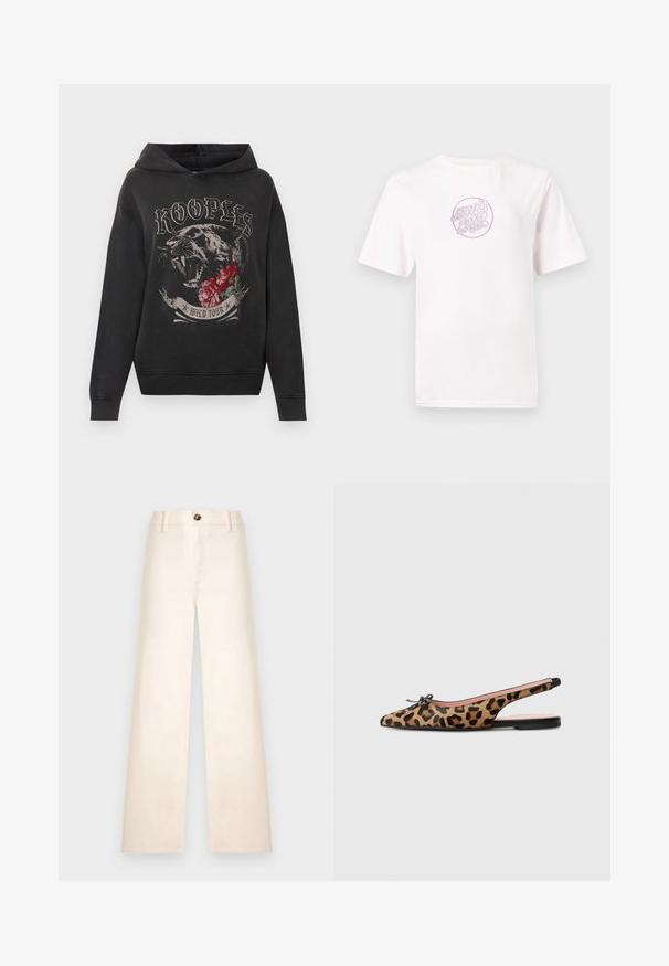 Sudadera negra con capucha con gráfico de una pantera rugiendo, rosas rojas y texto "KOOPLES WILD TOUR" en el frente.; Camiseta de algodón blanca con mangas cortas, que presenta un logo circular bordado en color rosa con texto estilizado en el centro.; Pantalones de pierna ancha color crema de talle alto con trabillas para cinturón y un solo botón marrón en la parte frontal.; Pretty Ballerinas MURABI - Bailarinas con tira trasera - brown