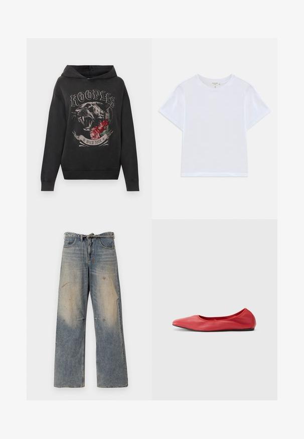 Schwarzer Kapuzenpullover mit brüllendem Panther-Grafik, roten Rosen und dem Schriftzug "KOOPLES WILD TOUR" auf der Vorderseite.; Weißes, kürzer geschnittenes T-Shirt aus weicher Baumwolle mit Rundhalsausschnitt und kurzen Ärmeln in einem leicht lässigen Schnitt. Keine Muster oder Akzente.; Helle blaue Denim-Jeans mit einem lockeren, geraden Schnitt. Verfügt über Ausbleichungen, Verwaschungen und abgenutzte Details an den Knien. Klassisches Fünf-Taschen-Design.; Filippa K REY FLATS - Klassischer Ballerina - bright red