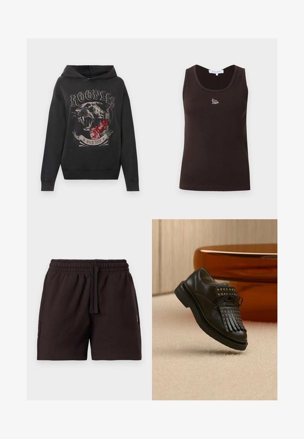 Sweatshirt à capuche noire avec un graphisme de panthère rugissante, des roses rouges, et le texte "KOOPLES WILD TOUR" sur le devant.; Débardeur sans manches à côtes de couleur marron foncé avec un petit logo de renard blanc centré sous l'encolure, étiquette de taille visible à l'intérieur du col.; Shorts à taille élastique noire avec cordon de serrage, devant plat et poches latérales, présentés sur un fond clair uni.; Chaussure en cuir noire à lacets avec franges décoratives et clous métalliques posée sur un tapis beige près d'un meuble marron.