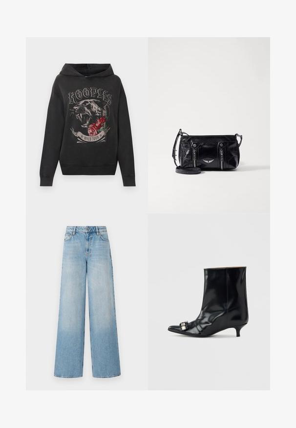 Schwarzer Kapuzenpullover mit brüllendem Panther-Grafik, roten Rosen und dem Schriftzug "KOOPLES WILD TOUR" auf der Vorderseite.; Helle blaue weit geschnittene Jeans mit hoher Taille, ausgestattet mit Verblassungen an den Beinen, Gürtelschlaufen sowie einem traditionellen Metallknopf und Reißverschluss.; Schwarzer Leder-Stiefelette mit spitzem Zehen, niedrigem Kitten-Heel und dekorativer silberner Schnalle seitlich nahe der Zehen.; Schwarze Kunstleder-Umhängetasche mit Reißverschlussfächern, einem dekorativen silbernen Emblem und einem verstellbaren Riemen. Glänzende Textur und kompakte Form.