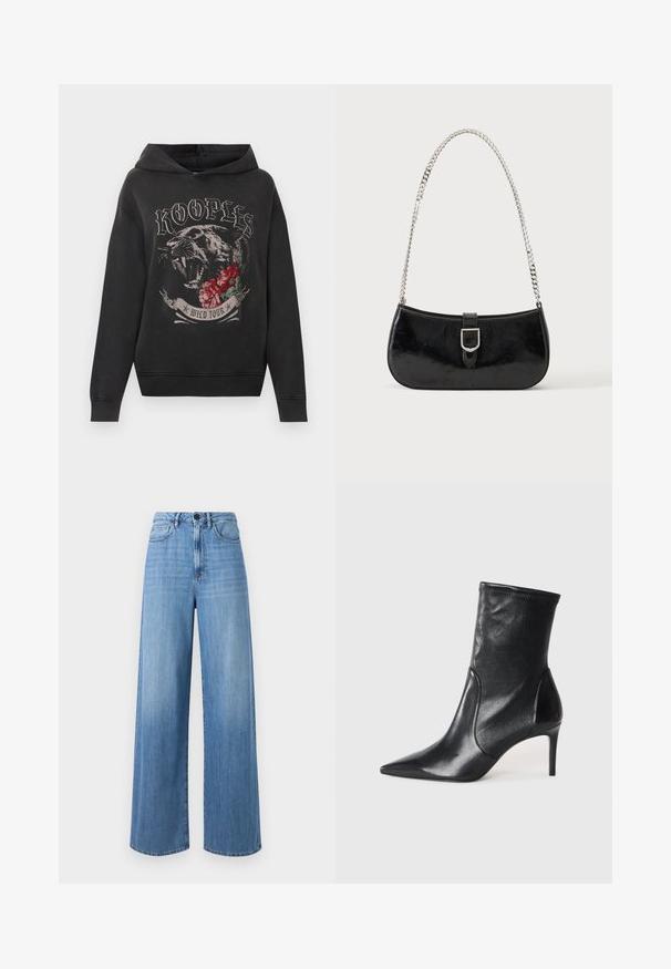 Čierna mikina s kapucňou s grafikou revúcej pantery, červenými ružami a nápisom "KOOPLES WILD TOUR" na prednej strane.; Svetlomodré široké džínsy vyrobené z denimu, s vysokým pásom, pútkami na opasok, prednými vreckami a kontrastným prešívaním.; Čierne kotníkové topánky vyrobené z hladkej kože, s špicatou špičkou, priliehavým zvrškom aúzkym vysokým podpätkom. Minimalistický dizajn bez viditeľného kovania.; Čierna lakovaná kožená kabelka na rameno so striebornou prackou a strieborným reťazovým remienkom, zobrazená na jednofarebnom svetlom pozadí.