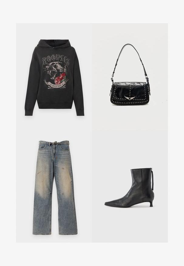Sort hættetrøje med grafisk motiv af en brølende panter, røde roser og teksten "KOOPLES WILD TOUR" på forsiden.; Lysblå denimjeans med et løst, lige ben-design. Har slidte, falmede og beskadigede detaljer nær knæene. Klassisk fem-lomme stil.; Sort læderankelstøvle med spids tå, struktureret form og lav hæl. Har en sidesyning og minimalistisk design.; Sort læder skuldertaske med sølvlignende nitter og vingeformet metalemblem på frontklappen mod en ensfarvet baggrund.