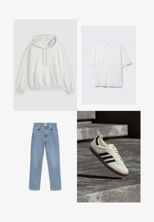 Lichtgrijze pullover met capuchon, voorzak, trekkoord in de capuchon, geribde manchetten en een subtiel klein logo midden op de borst.; Wit oversized katoenen T-shirt met korte mouwen, ronde hals en een klein merkembleem aan de binnenkant van de kraag.; Lichtblauwe jeans met een recht model, vijf-pocket ontwerp, sluiting met een voorknoop en subtiele vervaging op de bovenbenen. Klassieke denimtextuur.; Witte Adidas Samba sneaker met zwarte strepen en gumzool, zwevend boven gestructureerde grijze betonnen treden.