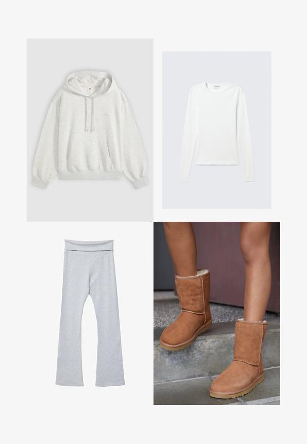 Sweat à capuche gris clair à enfiler avec poche avant, capuche avec cordon, poignets côtelés et petit logo discret au centre de la poitrine.; T-shirt blanc uni à manches longues avec col rond et coupe slim, présenté sur un fond gris clair.; Leggings grises évasés avec une large ceinture douce, fabriquées dans un tissu lisse et extensible. Présentent une coupe ajustée et une longueur cheville.; Bottines en suede marron, à bout rond, avec une doublure douce et une semelle en caoutchouc, présentant des détails de couture visibles le long des coutures.