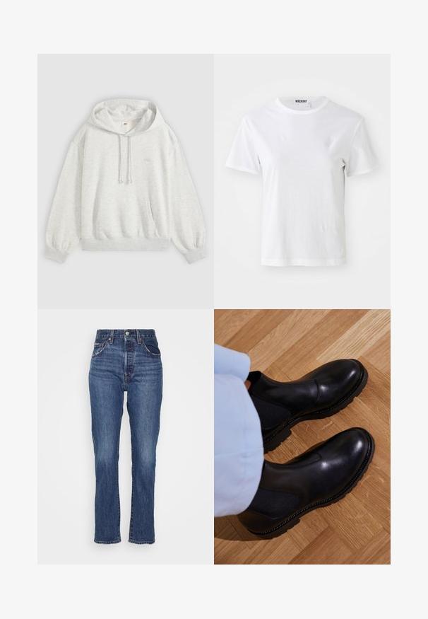 Sudadera con capucha tipo pulóver de color gris claro, con bolsillo delantero, capucha con cordón, puños acanalados y un pequeño logo discreto en el centro del pecho.; Camiseta blanca de manga corta hecha de una tela suave. Cuenta con un escote redondo y un corte recto, con una etiqueta en el cuello interior.; Jeans de mezclilla azul de talle alto con pierna recta, ligero desgastado, cinco bolsillos y cierre con botón en la cintura.; Botas negras de tobillo hechas de cuero suave con paneles laterales elásticos, una suela de goma texturizada y costuras en contraste a lo largo del borde.