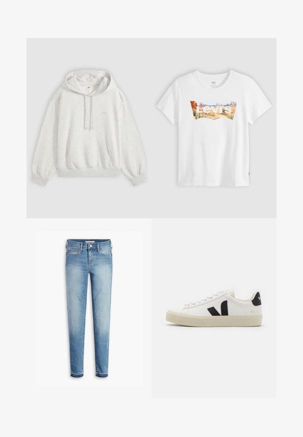 Lichtgrijze pullover met capuchon, voorzak, trekkoord in de capuchon, geribde manchetten en een subtiel klein logo midden op de borst.; Witte Levi's T-shirt met woestijnlandschap en plantenafbeelding binnen het batwing-logo van het merk over de borst.; Lichtblauwe denim jeans met een slim fit, vijf-pocket design, contrasterende stiksels en een licht rafelige zoom bij de enkels.; Witte leren sneaker met zwart rubberen V-logo. Getextureerde off-white zool, witte veters en een achterkant met een detail van de merknaam in het zwart.