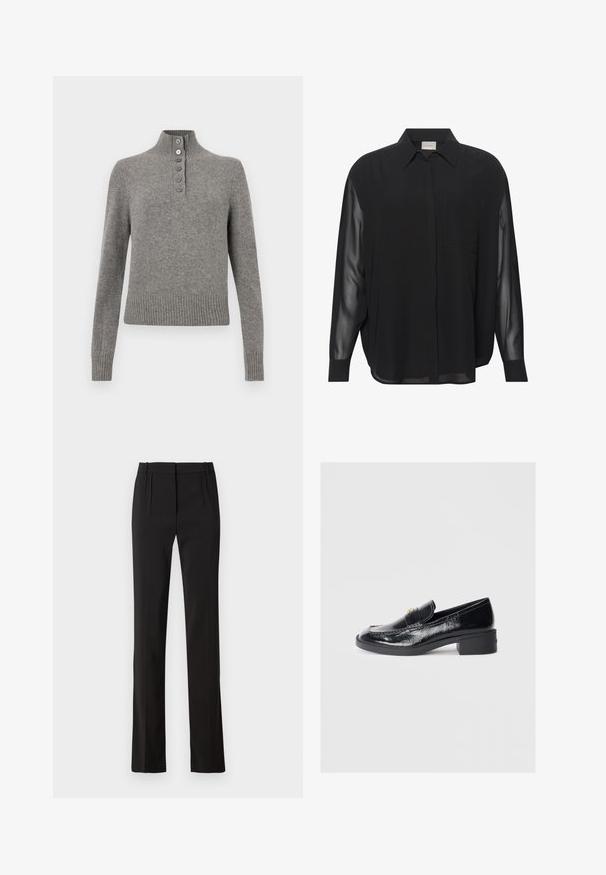 Pull en maille gris avec un col montant côtelé, doté d'une patte de boutonnage partielle et d'une finition côtelée aux ourlets et aux poignets pour un look ajusté.; Chemise noire boutonnée en tissu lisse avec des manches longues transparentes, une seule poche poitrine et un col classique.; Pantalon noir sur mesure avec une coupe droite, deux plis à l'avant et une texture de tissu lisse. Pas de poches ni de matériel visible.; Mocassins en cuir verni noir à petit talon bloc, dotés d'un design cousu et d'accents décoratifs dorés sur le dessus.