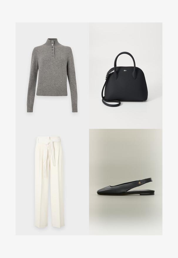 Grijze gebreide trui met een hoge geribbelde kraag, voorzien van een gedeeltelijke knoopsluiting en geribbelde zoom en manchetten voor een aansluitende look.; Crème-kleurige wijde broek met een ceintuur aan de taille. Gemaakt van zachte stof, met plooien en een gladde textuur zonder patronen.; Zwarte leren slingback platte schoen met spits toelopende neus en gouden logo-accent op het bandje, weergegeven op een neutrale achtergrond.; Zwarte handtas van textuur materiaal, voorzien van twee bovenhandvatten en een afneembare schouderriem, met een zilveren logo-accent.