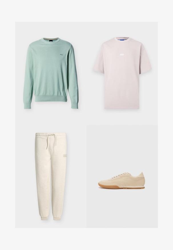 Pull à manches longues vert clair avec col rond, poignets et ourlet côtelés, petit logo "BOSS" brodé sur la poitrine gauche.; T-shirt oversize beige clair à manches courtes avec un petit logo "HUGO" centré sur la poitrine, sur un fond uni.; Pantalon de jogging en polaire beige avec taille élastique et cordon, jambes fuselées avec poignets aux chevilles, et petit logo rectangulaire sur la cuisse droite.; Baskets en daim beige au design épuré, présentant une tige texturée, un bout rond et une semelle en caoutchouc avec un motif en zigzag.
