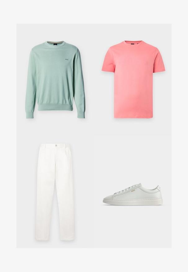 Lichtgroene trui met lange mouwen en ronde hals, met geribbelde manchetten en zoom, klein "BOSS" logo geborduurd op de linkerborst.; Roze T-shirt met korte mouwen en ronde hals met subtiel geperst "BOSS"-logo op de borst, getoond op een egale lichte achtergrond.; Witte broeken gemaakt van een gladde stof, met een recht model, voorplooien en een enkele knoopsluiting bij de taille.; Witte lage leren sneaker met veters, platte zool en klein gouden "BOSS" logo aan de zijkant, gezien vanaf de buitenkant.