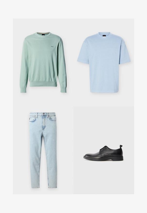 Lichtgroene trui met lange mouwen en ronde hals, met geribbelde manchetten en zoom, klein "BOSS" logo geborduurd op de linkerborst.; Lichtblauw T-shirt met korte mouwen en ronde hals, gemaakt van zachte stof met een ontspannen pasvorm, met een klein zwart-oranje merkembleem aan de binnenkant van de kraag.; Lichtblauwe slim-fit jeans met hoge taille, knoop en rits aan de voorkant, voor- en achterzakken, weergegeven op een witte achtergrond.; Zwarte leren herenschoen met veters, voorzien van een trekband op de hiel, afgebeeld in zijaanzicht op een plain witte achtergrond.