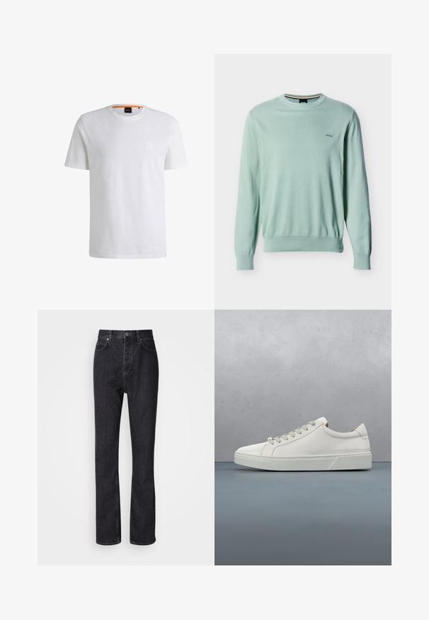 Pull à manches longues vert clair avec col rond, poignets et ourlet côtelés, petit logo "BOSS" brodé sur la poitrine gauche.; T-shirt en coton blanc à manches courtes et col rond. Doté d'une discrète écusson logo à l'avant et d'une finition orange au col.; Jean en denim noir taille haute avec fermeture à bouton et à glissière, poches avant et arrière, et coupe droite.; Baskets en cuir blanc avec un bout arrondi, design minimaliste, lacets gris et semelle en caoutchouc gris texturé. Détails de couture subtils visibles.