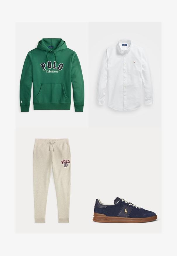 Grøn hættetrøje med front-kængurulomme og "POLO Ralph Lauren" broderet tværs over brystet i navy og hvid.; Hvid bomulds skjorte med knaplukning, klassisk krave, lange ærmer og et lille broderet logo på venstre bryst.; Beige joggingbukser med snøre og sidelommer samt rød "POLO" logo og emblem på øverste venstre lår.; Mørkeblå lavtopsneaker med hvide snørebånd, brun sål og Polo-spiller logo på siden, set fra venstre.
