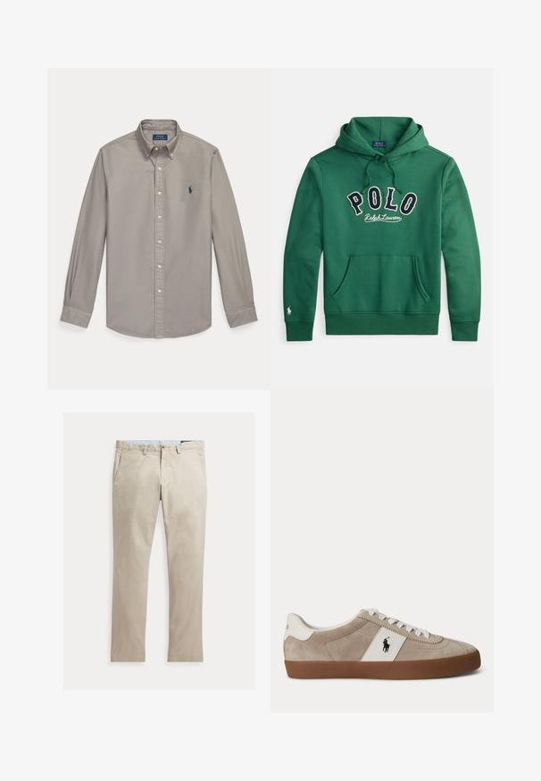 Grüner Kapuzenpullover mit Kängurutasche vorne und "POLO Ralph Lauren" in Marineblau und Weiß quer über der Brust gestickt.; Hellgraues, langärmliges Hemd mit Knopfleiste, Kragen und blauem Polo Ralph Lauren Sticklogo auf der linken Brust.; Beige Baumwollhose mit geradem Bein, Fronttaschen, Gürtelschlaufen, Knopfverschluss und Reißverschluss, flach auf weißem Hintergrund dargestellt.; Beiger Wildleder-Sneaker mit niedrigem Schaft, weißen Schnürsenkeln, weißem Lederakzent mit schwarzem Pferdelogo und brauner Gummisohle.