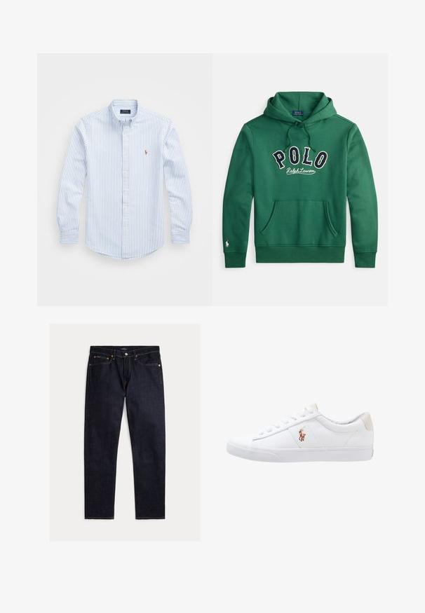 Zelená mikina s kapucňou, predným klokanským vreckom a vyšitým nápisom "POLO Ralph Lauren" v námorníckej modrej a bielej farbe cez hrudník.; Svetlomodrá a biela pruhovaná košeľa na gombíky s golierom, dlhými rukávmi a malým vyšívaným logom na hrudi. Materiál: bavlna.; Tmavomodré rovné rifle s piatimi vreckami, zapínaním na gombík a zips, so z kontrastným oranžovým prešívaním na jednofarebnom pozadí.; Biele plátenné tenisky s nízkym strihom, ktoré majú béžový opasok na päte a malé vyšívané logo na boku. Gumová podrážka.