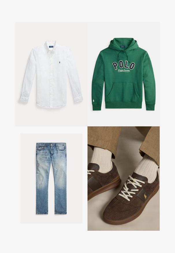 Zelená mikina s kapucňou, predným klokanským vreckom a vyšitým nápisom "POLO Ralph Lauren" v námorníckej modrej a bielej farbe cez hrudník.; Biela ľanová košeľa s dlhým rukávom, zapínaním na gombíky a špicatým golierom, s vyšitým modrým logom na ľavej hrudi. Má gombíkové manžety.; Svetlomodré riflové nohavice s vyblednutým praním, opotrebovanými detailmi, škvrnami od farby, tradičným dizajnom s piatimi vreckami a rovnými nohavicami.; Hnedé semišové tenisky s bielymi šnúrkami nosené s béžovými rebrovanými ponožkami a svetlohnedými nohavicami.