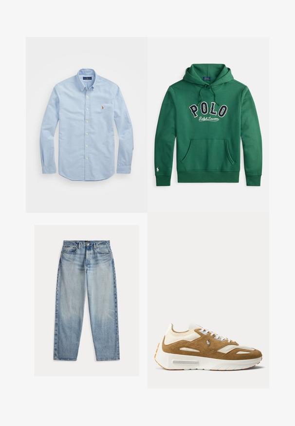 Zelená mikina s kapucňou, predným klokanským vreckom a vyšitým nápisom "POLO Ralph Lauren" v námorníckej modrej a bielej farbe cez hrudník.; Svetlomodrá košeľa s dlhým rukávom na gombíky vyrobená z bavlny, s klasickým golierom a malým červeným vyšitým logom na hrudi.; Svetlomodré džínsy z denimu s voľnejším strihom. Majú vysoký pás, päť vreciek a viditeľné prešívanie. Povrch je mierne textúrovaný.; Bielo-béžová teniska s hrubou podrážkou, zvrškom z brúsených koží a sieťoviny, predné šnurovanie a logo Ralph Lauren na boku.