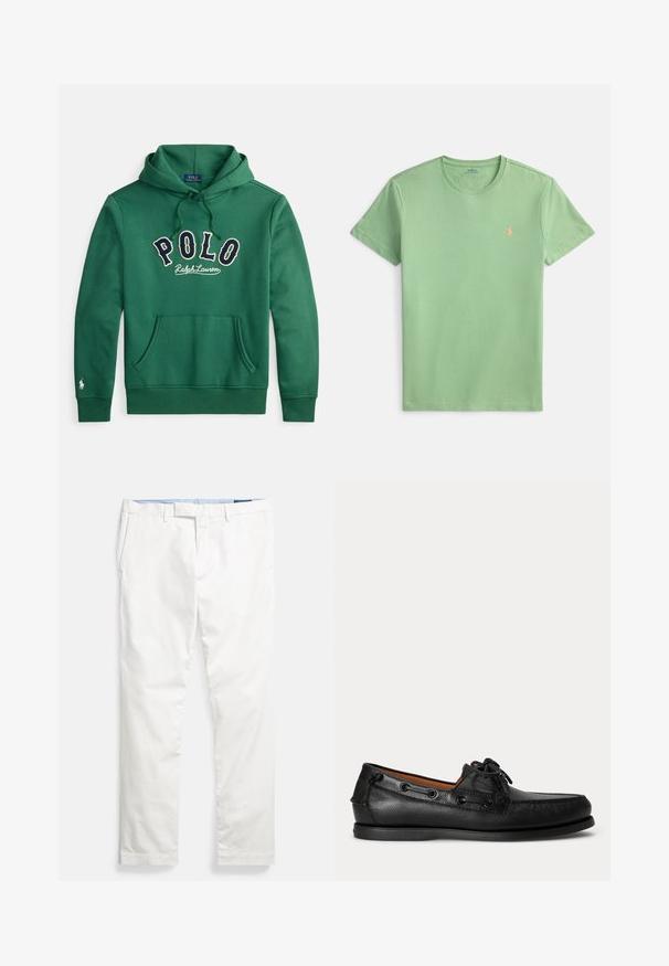 Grøn hættetrøje med front-kængurulomme og "POLO Ralph Lauren" broderet tværs over brystet i navy og hvid.; Kortærmet t-shirt med rund hals i lysegrøn bomuld. Har et lille orange logo broderet på brystet. Glat tekstur, afslappet pasform.; Hvide bomulds-chinos med flad front, bæltestropper, sidelommer og en glat tekstur, med en blå indvendig linning.; Sort lædermoccasin med snøredetalje og lav gummisål, vist fra siden på ensartet lys baggrund.