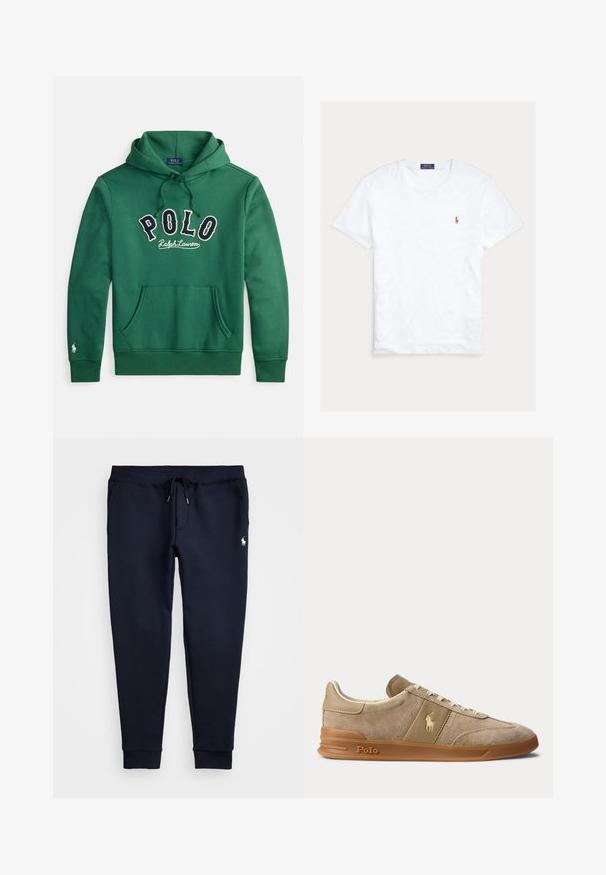 Groene hoodie met capuchon en een voorzak in kangoeroestijl, met 'POLO Ralph Lauren' in marineblauw en wit geborduurd over de borst.; Witte T-shirt met korte mouwen en ronde hals met klein geborduurd Polo Ralph Lauren-logo op de linkerborst en een blauw merklint binnenin de kraag.; Marineblauwe joggingbroek met trekkoord in de taille, zijzakken, geribbelde enkels en klein wit paardenlogo op de rechterdij.; Beige suède en leren lage sneaker met gumzool, witte veters en Polo-logo op de zijkant en zool.
