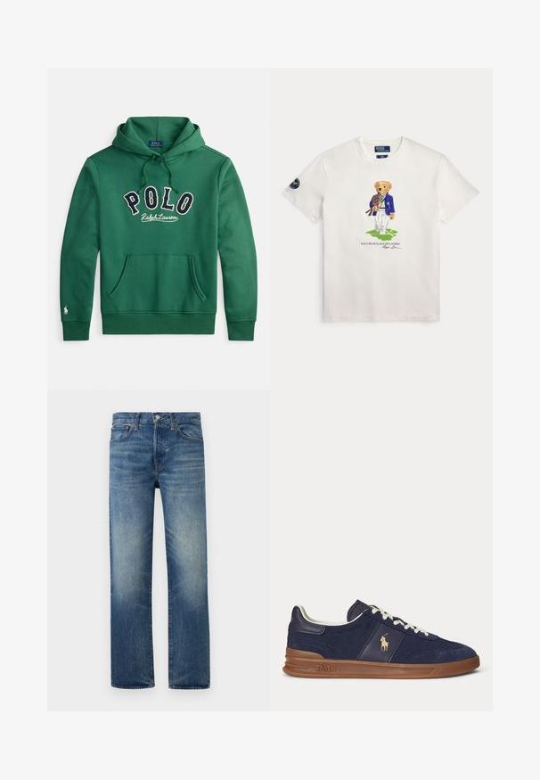 Groene hoodie met capuchon en een voorzak in kangoeroestijl, met 'POLO Ralph Lauren' in marineblauw en wit geborduurd over de borst.; Wit T-shirt met een teddybeer in een blauwe blazer die tennisrackets vasthoudt, staand op een groen veld met tekst eronder.; Blauwe verweerde straight-leg spijkerbroek met knoop- en ritssluiting aan de voorkant, riemlussen en voorzakken op een effen achtergrond.; Marineblauwe lage sneaker met witte veters, bruine zool en Polo-spelerlogo aan de zijkant, gezien van links.