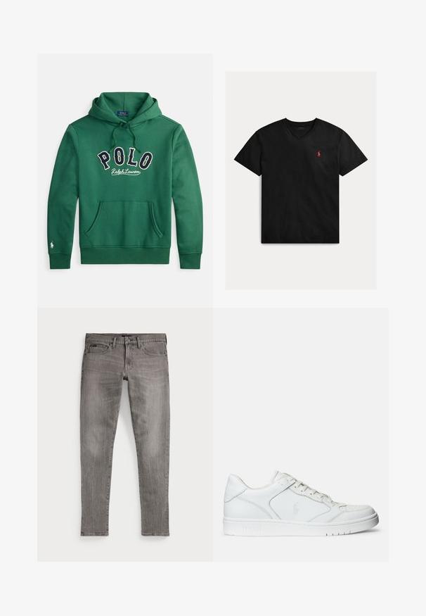 Grøn hættetrøje med front-kængurulomme og "POLO Ralph Lauren" broderet tværs over brystet i navy og hvid.; Sort bomulds-t-shirt med v-hals, korte ærmer og et lille rødt logo på venstre bryst. Glat tekstur og afslappet design.; Grå denim jeans, slim fit, med lige ben. Har klassisk femlomme-design, stikninger og en let falmet tekstur.; Hvide lædersneakers med en glat tekstur, der har en perforeret tå, snørebåndslukning og broderet logo på siden. Hvid gummisål.