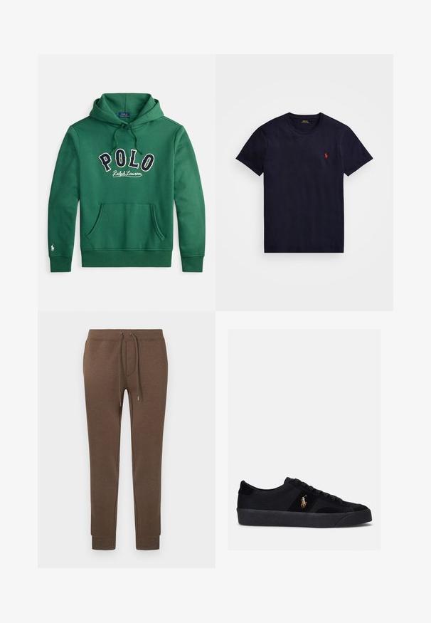 Grøn hættetrøje med front-kængurulomme og "POLO Ralph Lauren" broderet tværs over brystet i navy og hvid.; Marinblå bomulds T-shirt med rund halsudskæring, korte ærmer og et lille rødt broderet logo på venstre bryst. Blød tekstur, klassisk pasform.; Brune joggingbukser i et blødt, elastisk materiale med elastik i taljen, snørebånd og ribstrikkede manchetter. Lille logo øverst til venstre.; Sorte sneakers med overdel i stof og ruskind, rund tå, flad gummisål og broderet logo på siden. Snørebåndsdesign med seks snørehuller.