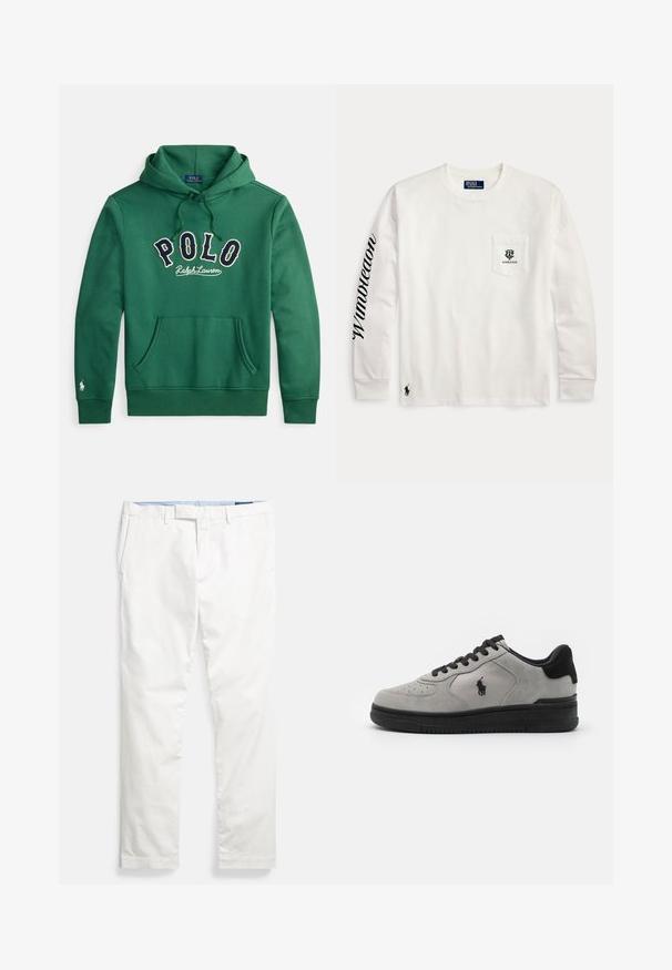 Grøn hættetrøje med front-kængurulomme og "POLO Ralph Lauren" broderet tværs over brystet i navy og hvid.; Hvid langærmet skjorte med Wimbledon-logo på brystlommen, Wimbledon-tekst langs højre ærme og lille Polo Ralph Lauren hestelogo nær kanten.; Hvide bomulds-chinos med flad front, bæltestropper, sidelommer og en glat tekstur, med en blå indvendig linning.; Grå ruskinds-sneakers med sorte detaljer, der har et tekstureret stofpanel på siden, rund tå og sort gummisål. Logo broderet på siden.