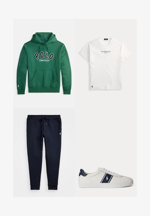 Roheline kapuutsiga pusa esiküljel kängurutasku ja rinnal tumesinise ning valge värviga tikitud tekstiga "POLO Ralph Lauren".; Valge lühikeste varrukatega Polo Ralph Lauren t-särk, kus rinnal on tekst "Polo Ralph Lauren New York" ja allääre lähedal väike must logo.; Meresinised dressipüksid nööriga vöökohas, küljetaskud, kummiga pahkluudes ja väike valge hobuse logo paremal reiel.; Valge madala säärega toss, millel on küljel tumesinise triibu ja logoga ning tumesinine kanna klamber, lame valge tald ja valged paelad.