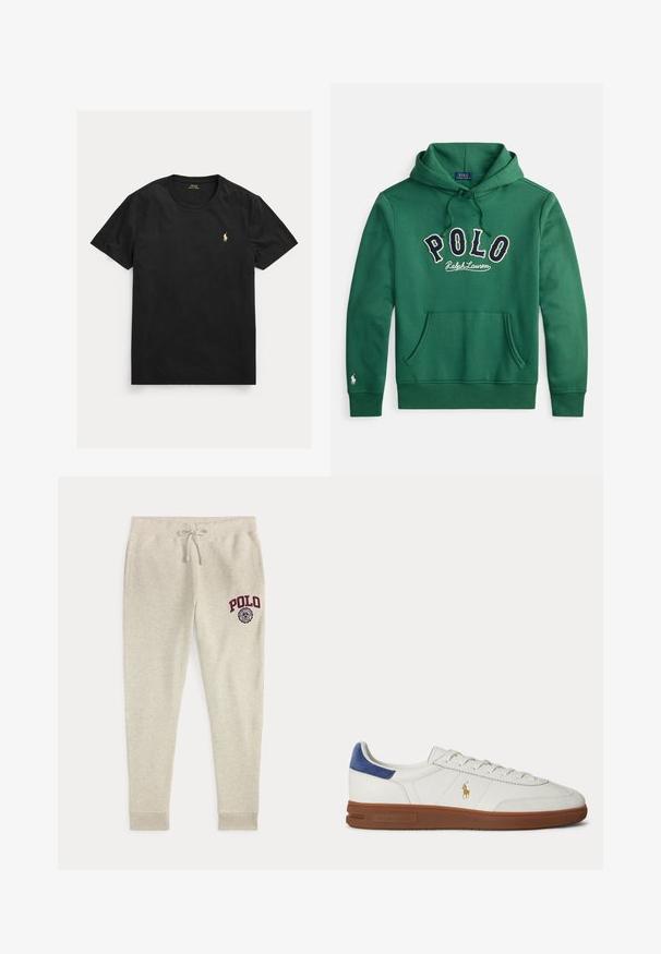 Groene hoodie met capuchon en een voorzak in kangoeroestijl, met 'POLO Ralph Lauren' in marineblauw en wit geborduurd over de borst.; Zwart T-shirt met korte mouwen en ronde hals met klein geel Polo Ralph Lauren-logo op de linkerborst.; Beige joggingbroek met trekkoord, zijzakken en rood "POLO"-logo en embleem op de bovenste linker dij.; Witte lage sneaker met bruine zool, blauwe hieltab, veters en gouden Polo Ralph Lauren-logo aan de zijkant.