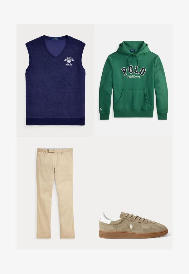 Groene hoodie met capuchon en een voorzak in kangoeroestijl, met 'POLO Ralph Lauren' in marineblauw en wit geborduurd over de borst.; Marineblauwe mouwloze poloshirt van terrycloth; heeft een v-hals, geribde halslijn en een wit logo met tennisrackets.; Beige broek met rechte pijpen, ceintuurlussen en een voorrits, plat gelegd tegen een witte achtergrond.; Beige suède lage sneaker met bruine zool, witte hiel-detail, veters en een wit geborduurd polo-speler logo aan de zijkant.