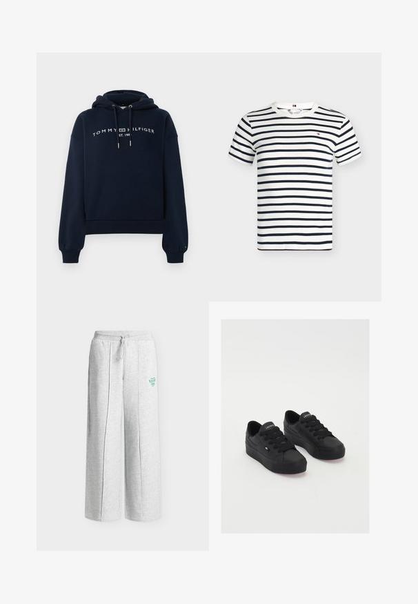 Marineblå hættetrøje med tekst "Tommy Hilfiger Est. 1985," foran, snore i hætten, ribstrikkede manchetter og kant, lagt fladt på en hvid baggrund.; Hvid kortærmet T-shirt med rund hals, horisontale marineblå striber og et lille rødt, hvidt og marineblåt logo på brystet.; Lysegrå sweatpants med vide ben, elastisk talje, snøre og lille grønt logo på venstre lår.; Sorte lavtop sneakers lavet af glat materiale, med tykke snørebånd, en struktureret sål og et lille logo på siden og tungen.
