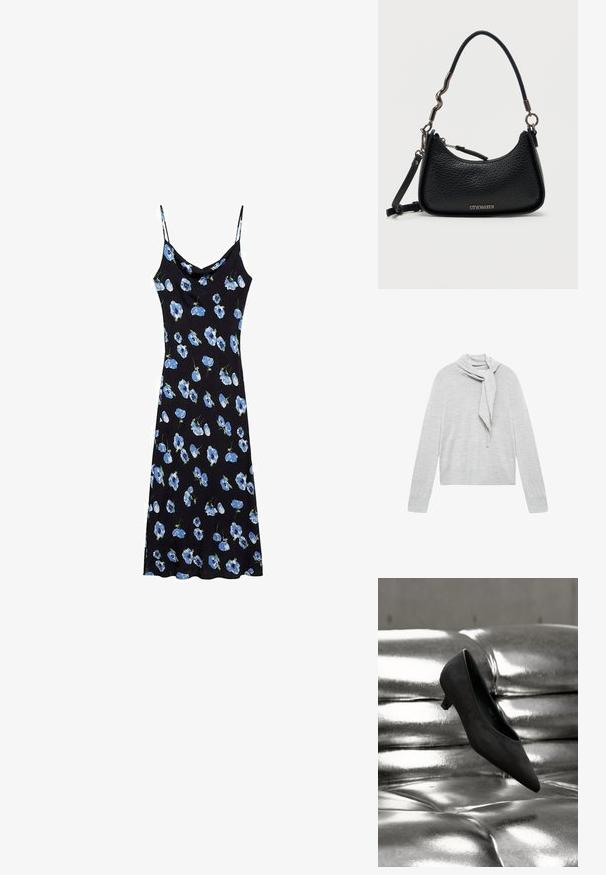 Lys grå sweater med lange ærmer og en draperet sløjfe detalje ved halsen. Fremstillet af blødt strikmateriale. Korte design med en afslappet pasform.; Sort slipdress med blå blomster mønster, tynde spaghetti stropper, en cowl halsudskæring og en afslappet pasform, der falder over knæene.; Sort pigget spids-hælet kitten hælsko svævende over en skinnende metallisk tuftet lædersofa.; Sort tekstureret lædertaske fra Steve Madden med buet toplynlås, kort uregelmæssigt metal- og læderhåndtag samt aftagelig rem.
