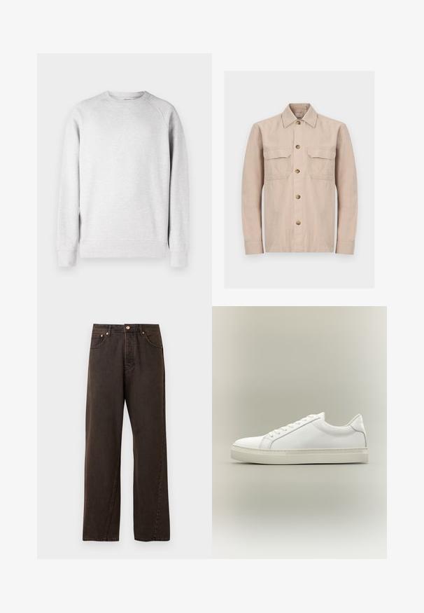 Sweatshirt léger gris clair à col rond, avec des manches longues, des poignets et un ourlet côtelés, présenté sur un fond blanc.; Veste-chemise beige à manches longues avec col et deux poches à rabat sur la poitrine, présentée sur un fond clair uni.; Jeans en denim marron foncé avec une coupe droite, comportant cinq poches, un bouton en cuivre et des détails de couture subtils.; Baskets blanches basses à lacets sur l’avant et semelle épaisse, vues de côté sur un fond neutre.