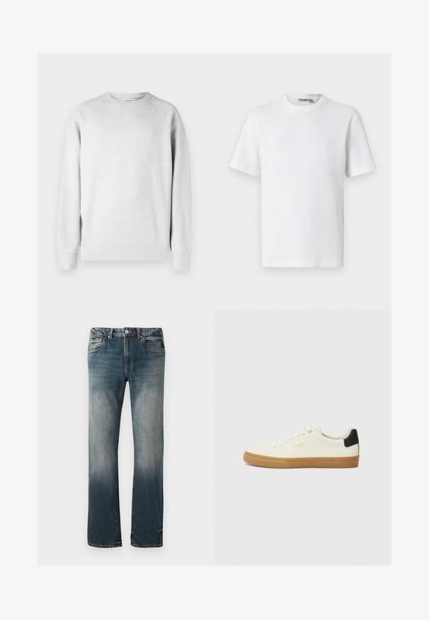 Sudadera de cuello redondo en gris claro, con mangas largas, puños y dobladillo acanalados, exhibida sobre un fondo blanco.; Camiseta blanca de manga corta con cuello redondo y tejido de waffle, con una pequeña etiqueta de la marca en el interior del cuello, mostrada sobre un fondo liso.; Jeans de mezclilla azul de corte recto para hombre con lavado desgastado y diseño de cinco bolsillos sobre un fondo blanco.; Zapatilla de lona blanca con suela de goma, acento negro en el talón, punta redonda y diseño con cordones. Presenta el logo de la marca en dorado en el lateral.
