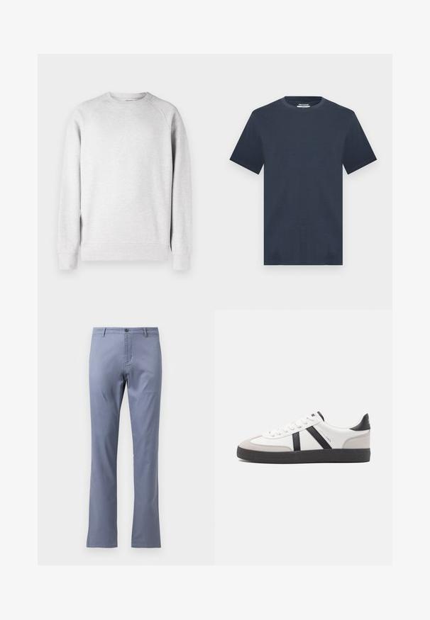 Hellegrauer Rundhalsausschnitt-Sweatshirt mit langen Ärmeln, gerippten Bündchen und Saum, vor einem weißen Hintergrund präsentiert.; Marineblaue T-Shirt mit kurzen Ärmeln und Rundhalsausschnitt in lässiger Passform, präsentiert vor einem hellgrauen Hintergrund.; Helle blaue Baumwollhose mit geradem Schnitt, flachem Vorderteil, Gürtelschlaufen und einem einzigen Knopfverschluss an der Taille. Keine sichtbaren Muster.; Weiße Sneaker mit schwarz- und grau-aczenten, ausgestattet mit einer strukturierten grauen Zehenkappe, schwarzer Gummi-Sohle und flachen weißen Schnürsenkeln. Sauberes Design, minimalistische Stil.