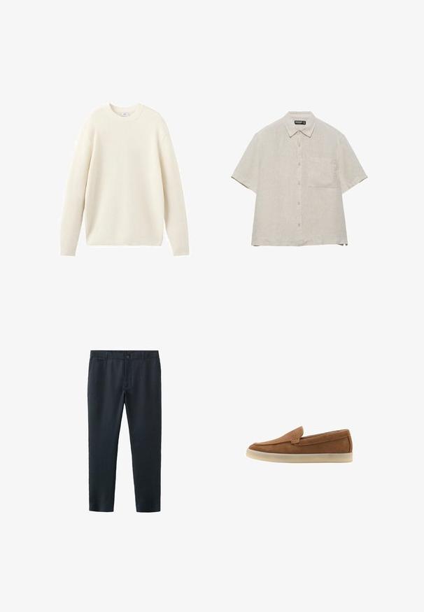 Pull en tricot texturé couleur crème avec manches longues et poignets, col et ourlet côtelés, présenté sur fond blanc.; Chemise en lin beige à manches courtes avec boutons devant, une poche poitrine simple et un col classique, posée à plat sur un fond blanc.; Pantalon habillé noir slim avec fermeture bouton et zip, passants de ceinture et poches avant, présenté sur fond blanc.; Mocassin slip-on en daim marron avec semelle en caoutchouc beige et détails de couture minimalistes, présenté de côté sur fond blanc.