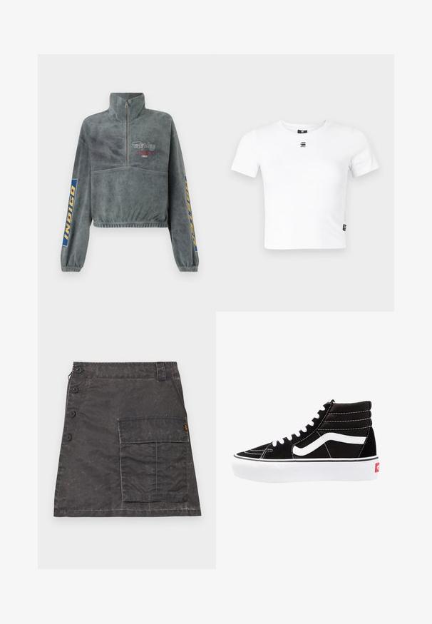Replay SWEATSHIRT - Fliisdžemper - blackboard; Valge lühikeste varukatega T-särk, mis on valmistatud pehmest puuvillast. Särgil on ümar kaelus ja väike must logo rinnal. Sisaldab külgtagumist detaili.; Hallideg hallid, mis on valmistatud tekstuuriga kangast, ees on nupuvajutusega sulgemine ja küljetasku. Omab kerget kulunud välimust ja õmblusdetailingut.; Mustad mustad sneakers valge paeltega, valge logo ja kontraste valge õmblusega. Omab paksu valget talda ja tekstureeritud nahkiga ülemist osa.
