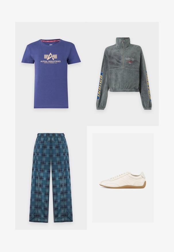 Replay SWEATSHIRT - Fliisdžemper - blackboard; Tumesinine puuvillane t-särk lühikeste varrukatega, millel on beež logo trükk "ALPHA INDUSTRIES" ning punane sisekaela silt tekstiga.; Sinise ja musta ruuduline laiade säärtega püksid elastse vöö ja küljetaskutega, laotatud tasapinnaliselt hele taustal.; Valge nahast toss, millel on sile tekstuur, ümar varvas ja toon-toonis õmblused. Varustatud beežkollase kummist tallaga ja paeltega kinnitusega.