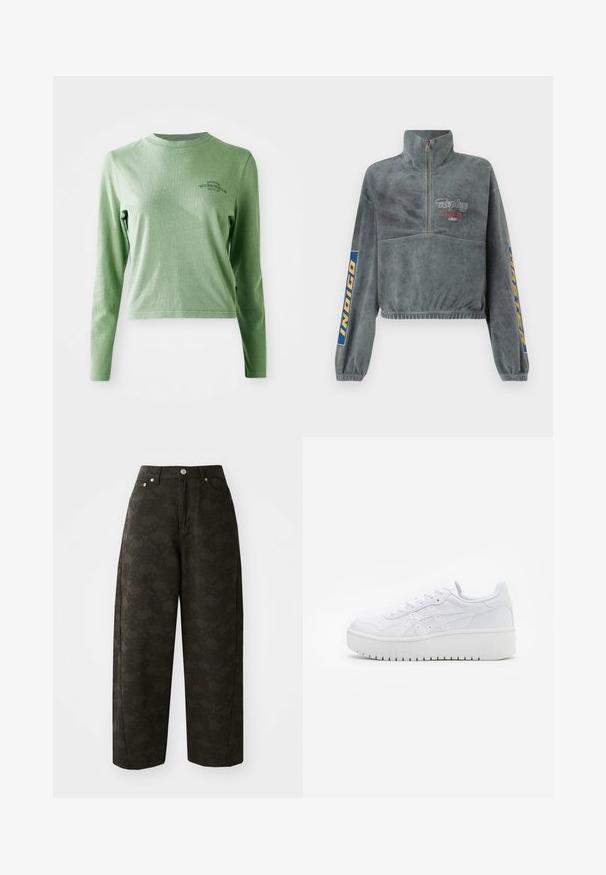 Replay SWEATSHIRT - Fliisdžemper - blackboard; Hele roheline pika varrukaga t-särk, mis on valmistatud pehmest puuvillast, koos ümarate kaelustega ja väikese trükitud logoga ülemisel vasakul küljel.; Tumedad rohelised laiad püksid, millel on tekstuurne lillemuster, viie tasku disain ja metallist nupud vööl.; Valged platvormi tennisetossud, millel on sile nahk, perforatiivne detailikaunis ja lapikud paelad; sisaldab paksu valget kummitalda.