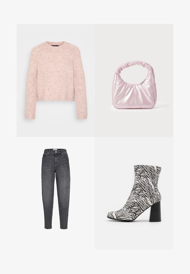 Lyserød sweater lavet af tekstureret strikkemateriale, med rund halsudskæring og ribbede manchetter samt en let cropped kant.; Sortvaskede jeans med høj talje, tilspidset pasform, forlommer, bæltestropper og knaplukning foran.; Even&Odd Støvletter - black; Rosa, polstret håndtaske med afrundet design, lavet af skinnende materiale. Har et samlet håndtag og en lynlås til sikker adgang.