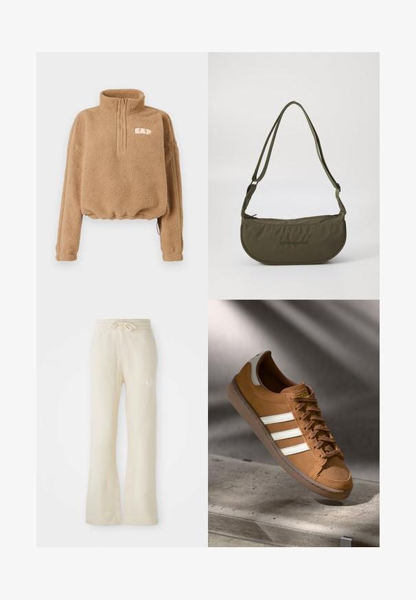 Tan fleece-pullover med halvlynslukning ved kraven, elastisk taljebånd og detaljer med striber på siden. Har "GAP"-logo i hvidt på brystet.; Cremefarvede sweatpants med en blød tekstur, featuring en snoretræk i taljen og flair ben. Diskret logo detalje på venstre hofte.; Brune ruskinds sneakers med hvide tre striber, rund tå og brune snørebånd. Teksturér sål og tan accenter, med en hvid hæl tab.; Olivengrøn skuldertaske med en buet form, lavet af blødt stof, med en lynlås i toppen, justerbare stropper og præget logo-detalje.