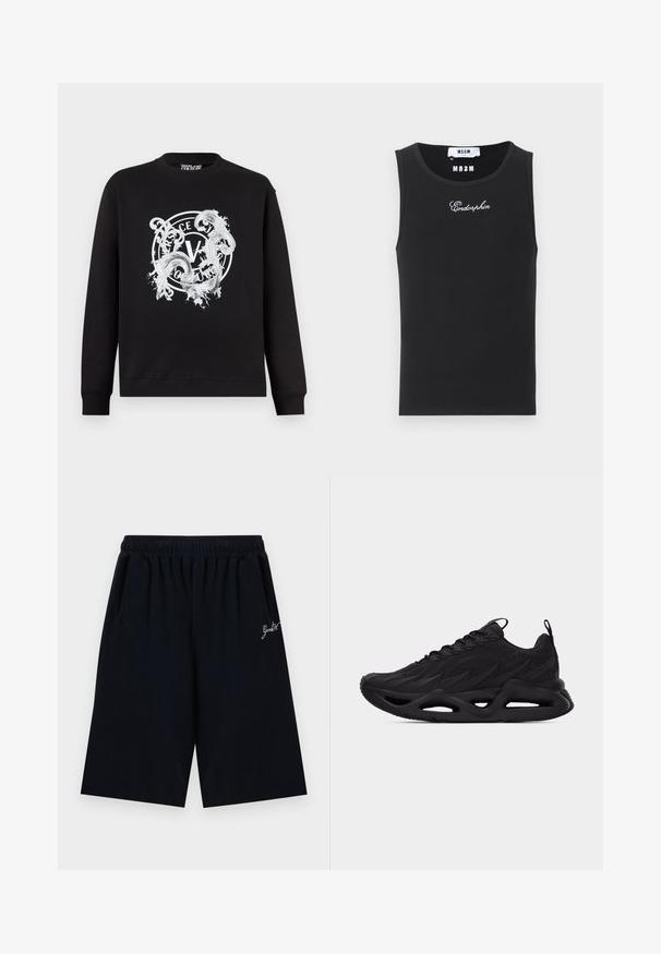 Sweat-shirt noir à col rond avec logo circulaire orné blanc Versace Jeans Couture centré sur le devant.; Débardeur noir sans manches en tissu côtelé avec le texte "Endorphin" brodé en blanc et une étiquette de marque MSGM au niveau de l'encolure.; Short noir jusqu'au genou avec une ceinture élastique et un petit texte blanc en écriture cursive sur le côté droit.; Baskets athlétiques noires avec tige texturée, design à lacets, languettes de traction sur la languette et le talon, et semelle sculptée avec détails évidés.