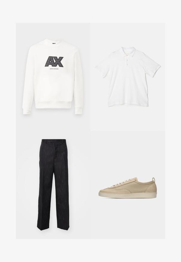 Sweatshirt blanc en tissu doux. Présente un logo "AX" noir et gris bien visible avec une texture matelassée et le texte "ARMANI EXCHANGE" en dessous.; rag & bone CLASSIC FLAME - Polo - white; Pantalons à rayures noires avec une coupe ajustée, présentant une texture lisse, un design à jambe droite et des détails tonals subtils sur l'ensemble.; Baskets beige basses avec tige en tissu et daim, lacets blancs, semelle en caoutchouc et languette à l'arrière, présentées en profil latéral sur fond blanc.
