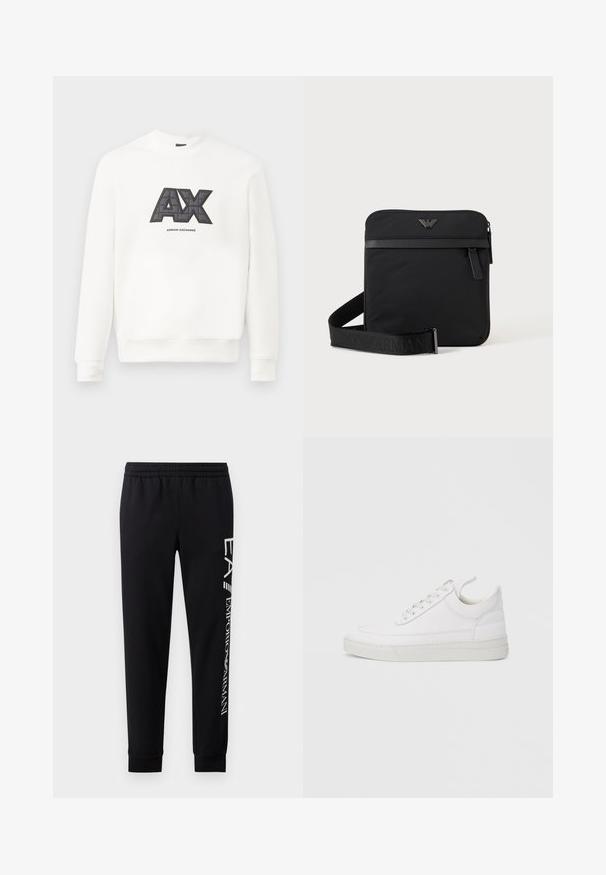 Sudadera blanca hecha de un tejido suave. Presenta un destacado logo "AX" en negro y gris con textura acolchada y el texto "ARMANI EXCHANGE" debajo.; Pantalones de chándal negros hechos de una mezcla de algodón, con una cinturilla elástica, piernas estrechas, puños acanalados y estampado de logo blanco en el lateral.; Zapatilla blanca de cuero con punta redondeada, suela plana y cierre de cordones. Presenta detalles de costuras y un cuello acolchado para mayor comodidad.; Bolso de hombro negro cuadrado con cierre de cremallera, bolsillo delantero y correa ajustable con nombre de marca en relieve.